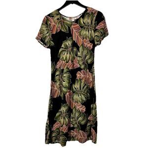 Hilo Hattie Floral Dress Black Green Red Midi Dress Women's Medium USA Made